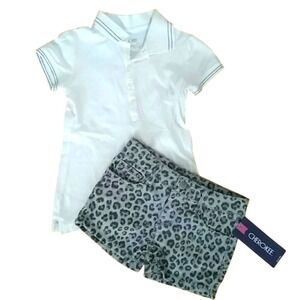 Cherokee‎ Girls XS Grey Cheetah Jeans Shorts Set with White Polo